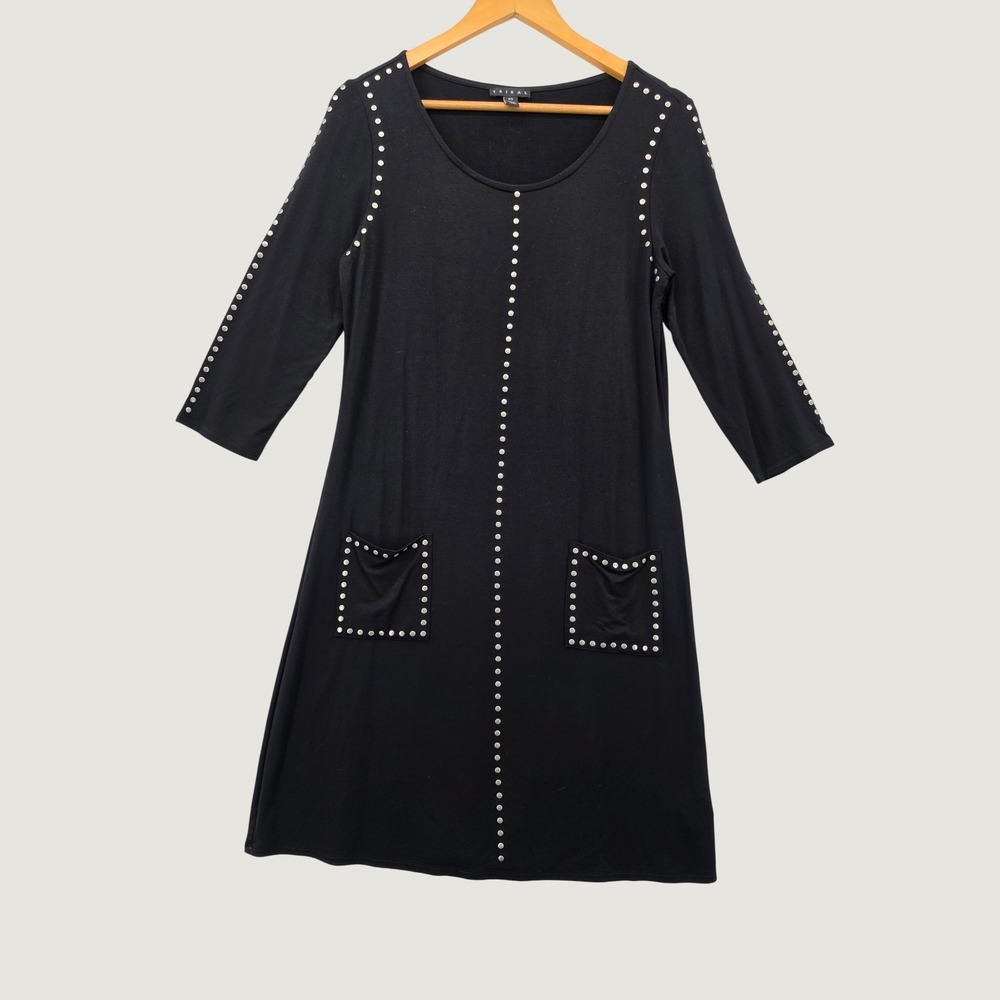 Tribal Black Studded Shift Dress 3/4 Sleeve Pockets Petite PS 29580-2422 Soft